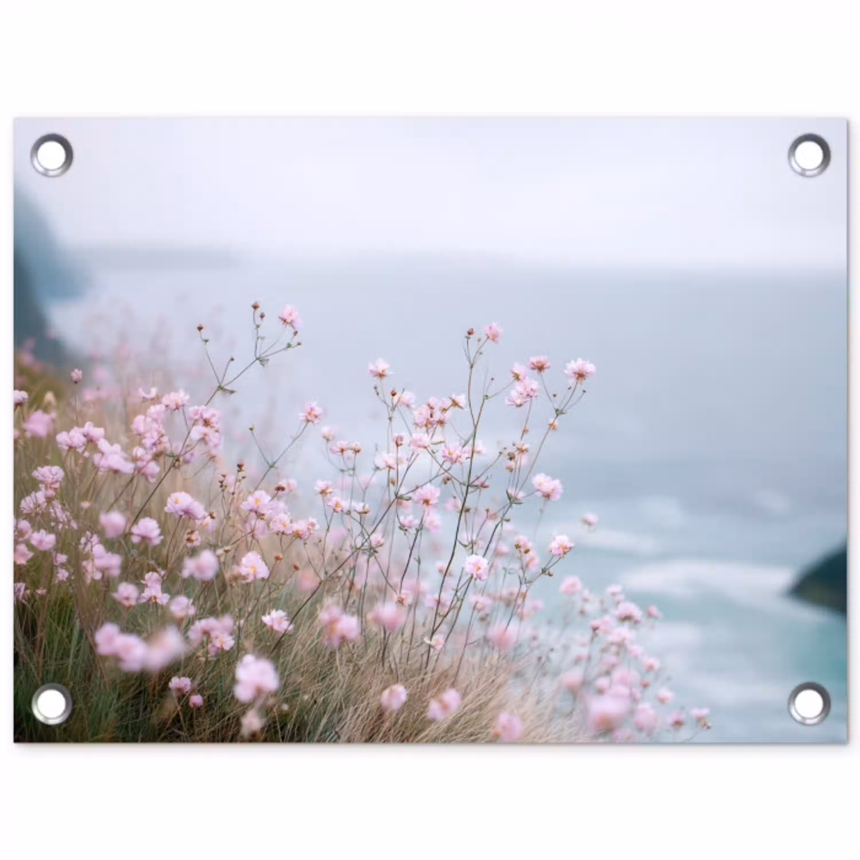 Klif - Bloemen - Zee - Roze tuinposter los doek klein -3d