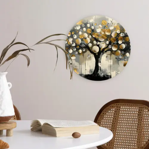 Boom - Abstract - Beige - Goud - Zwart Wandcirkel kunststof plaat 5mm dik klein -sfeer4