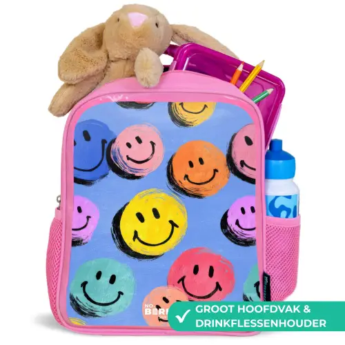 Een speels en kunstzinnig patroon van kleurrijke smileys Kinderrugzak - Roze middel -inhoud_NL