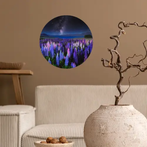 Bloemen - Nacht - Lupine - Sterrenhemel - Paars - Natuur Wandcirkel behangsticker klein -sfeer1