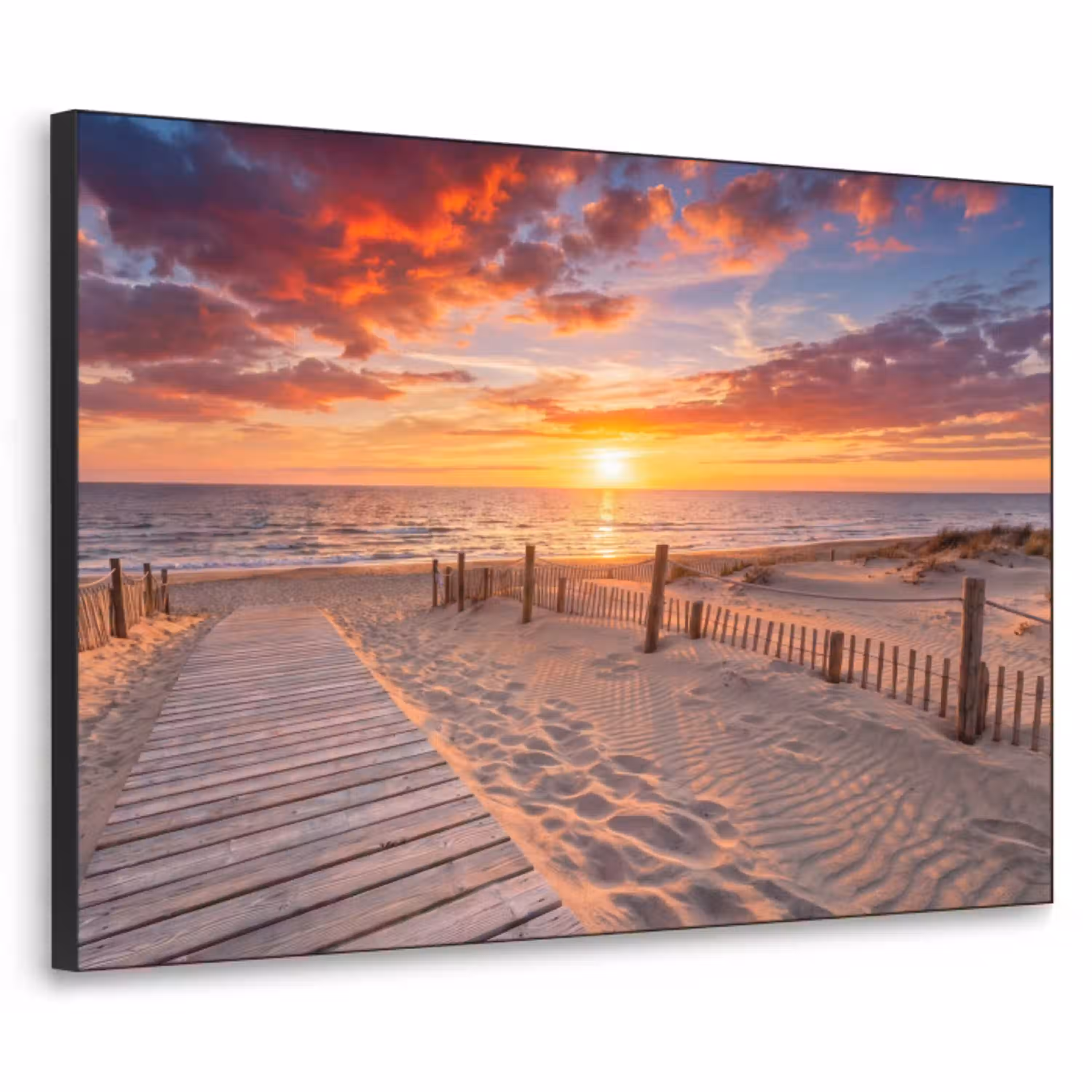 Strand - Zonsondergang - Zee - Natuur - Oranje Textielframe zwart klein -3d