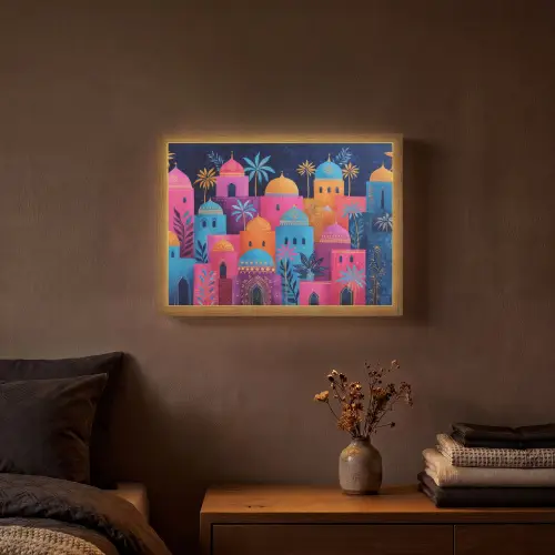 Kleurrijke gebouwen - Avondlicht - Islamitisch Light Box met batterij (Wandlamp) middel -sfeer4