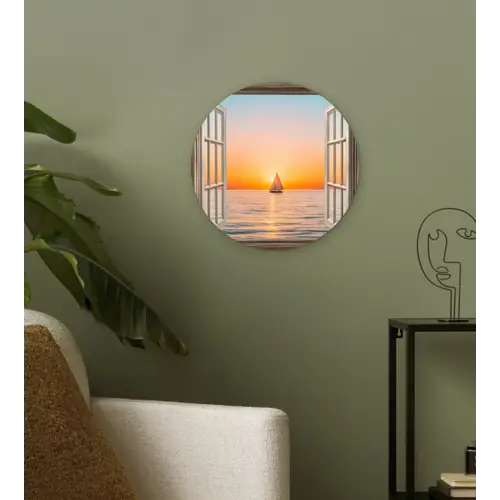 Doorkijk - Zee - Boot - Zonsondergang Wandcirkel kunststof plaat 5mm dik klein -sfeer3
