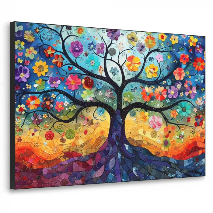 Boom - Kleurrijk - Bloemen - Kunst - Abstract Textielframe zwart klein -3d