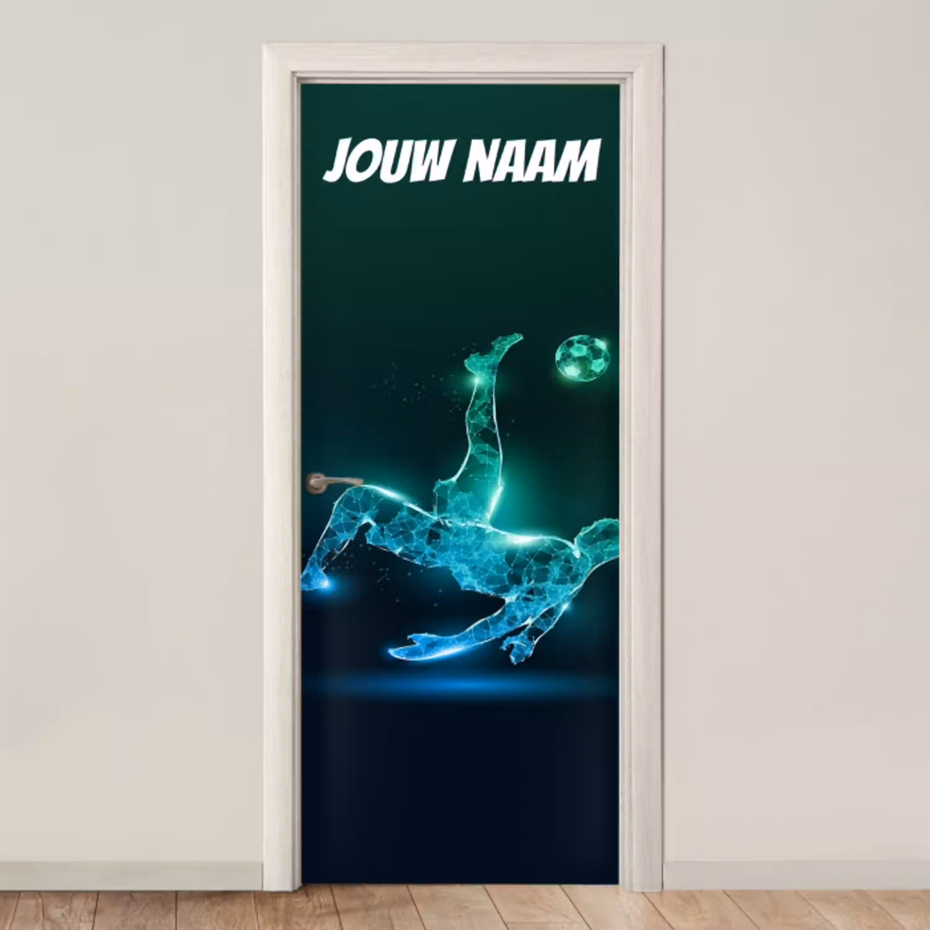 Futuristische voetballer en bal met de tekst “Deze kamer is van: jouw naam”. deurposter klein -3d_beige