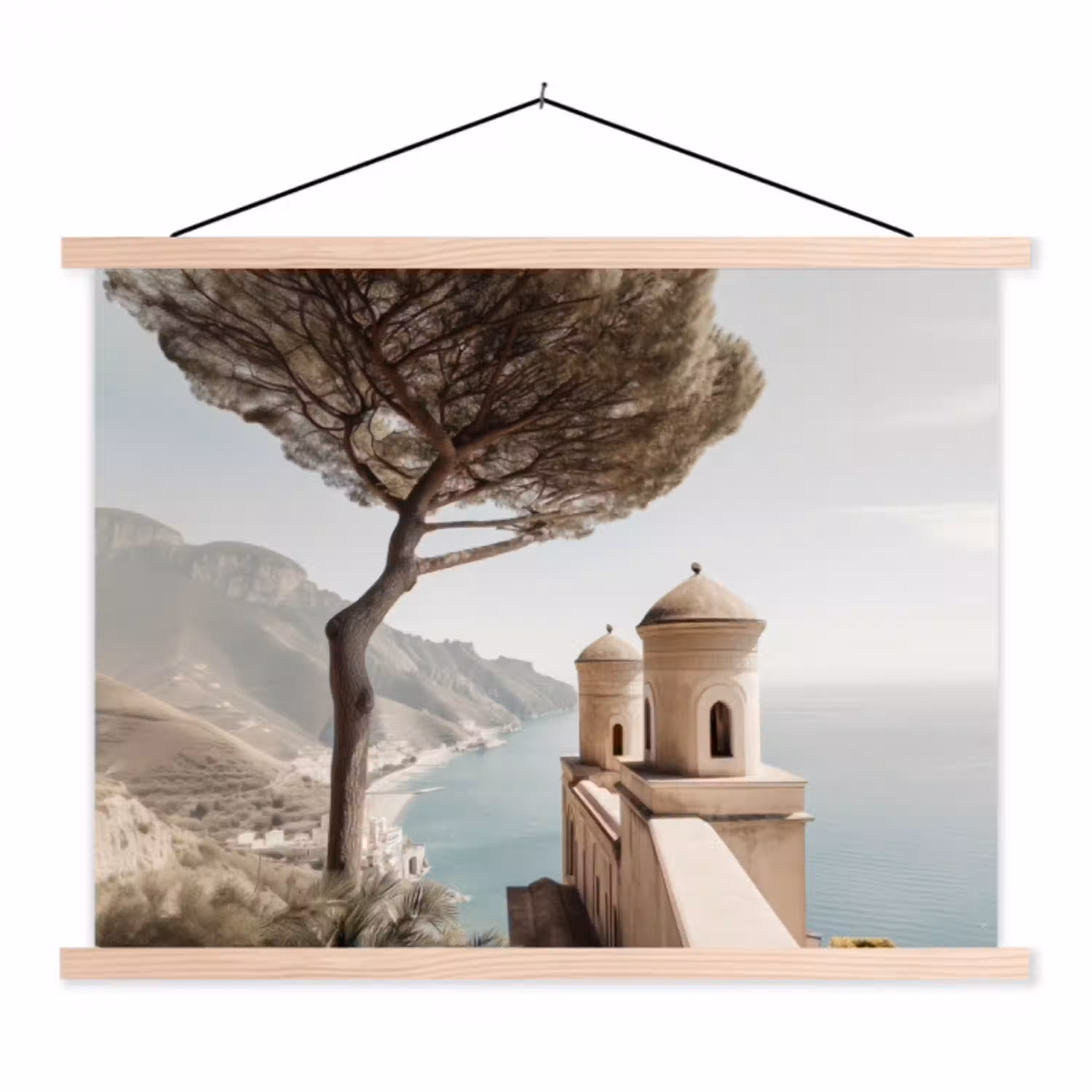 Kust - Klif - Boom - Gebouw textielposter latten blank klein -3d