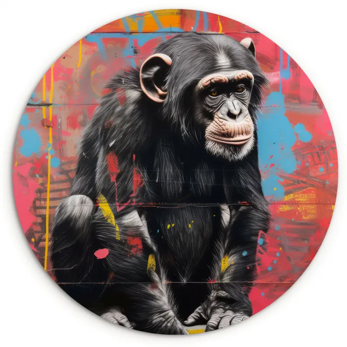 Graffiti - Chimpansee - Dieren - Street art - Banksy Wandcirkel kunststof plaat 5mm dik klein -3d