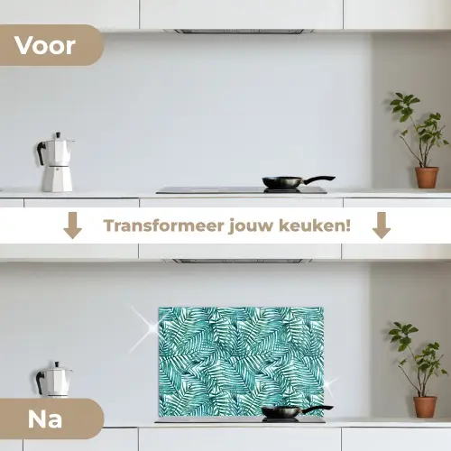 Palmbladeren - Sierlijk - Blauw - Groen keuken achterwand spatscherm klein 900 -voor_na_NL