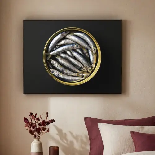 Sardines - Vissen - Rond - Zwart Textielframe - compleet frame klein -sfeer1