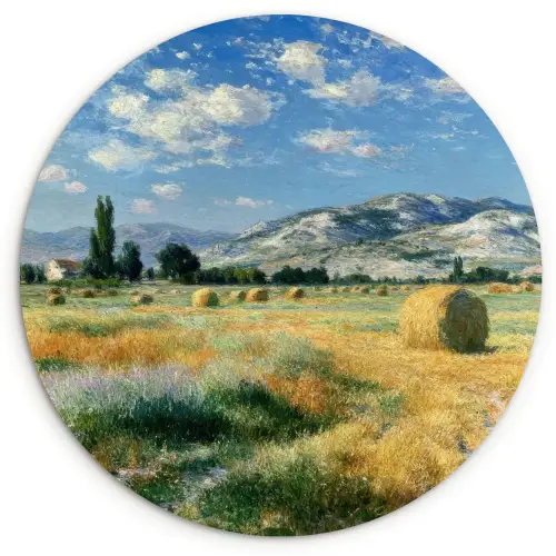 Landschap - Strobalen - Bergen - Wolken Wandcirkel kunststof plaat 5mm dik klein -3d