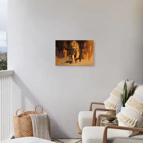 Tijger - Geschilderd - Oranje - Penseelstreken Tuinposter op houten frame 2 cm dik klein -sfeer1