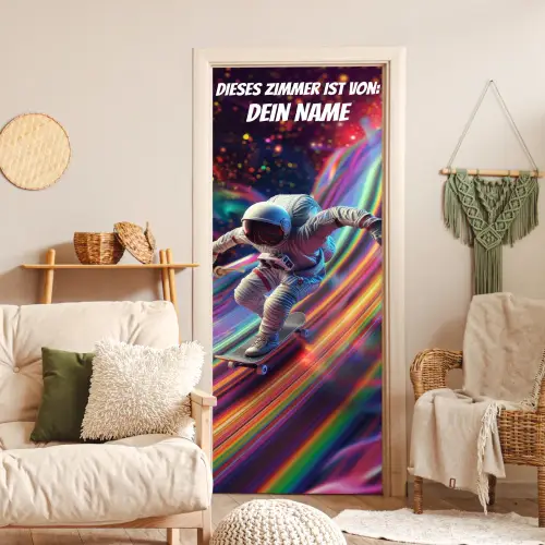 Astronaut auf Skateboard im bunten Weltraum mit personalisierbarem Namensfeld. deurposter klein -sfeer2