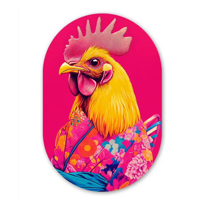 Haan - Kleurrijk - Kimono - Roze Wandcirkel Ovaal Glas middel -3d
