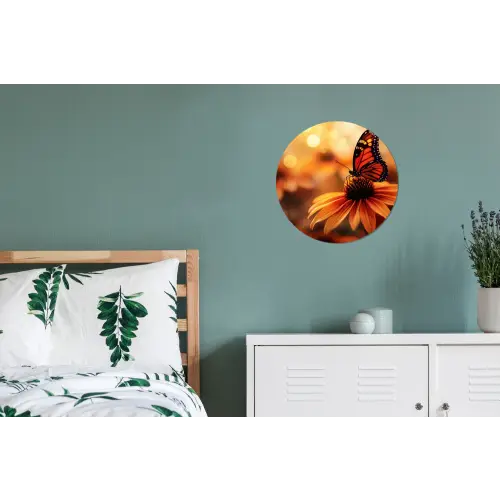 Vlinder - Bloemen - Oranje Wandcirkel aluminium klein -slaapkamer