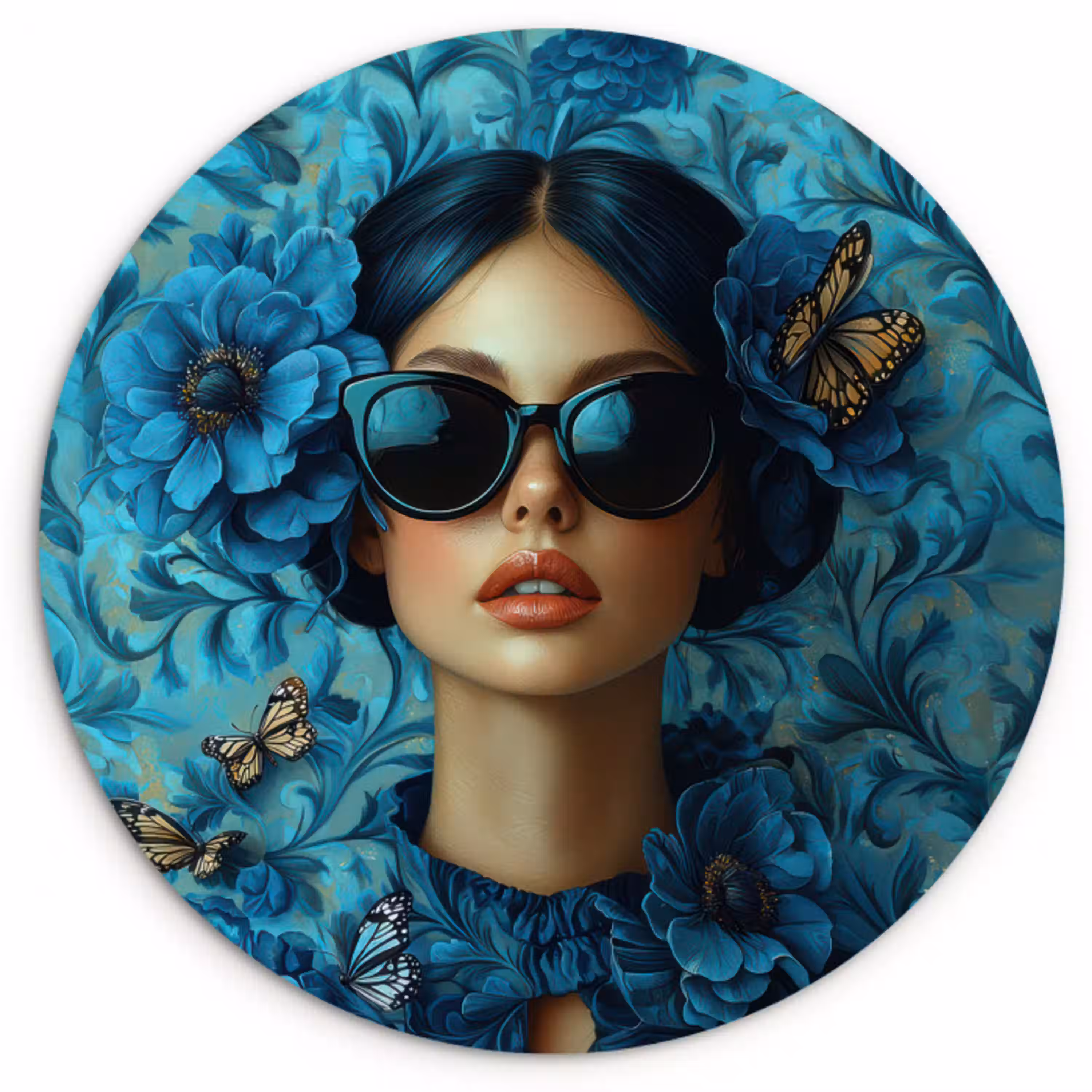 Vrouw - Bloemen - Vlinders - Blauw - Abstract Wandcirkel kunststof plaat 5mm dik klein -3d