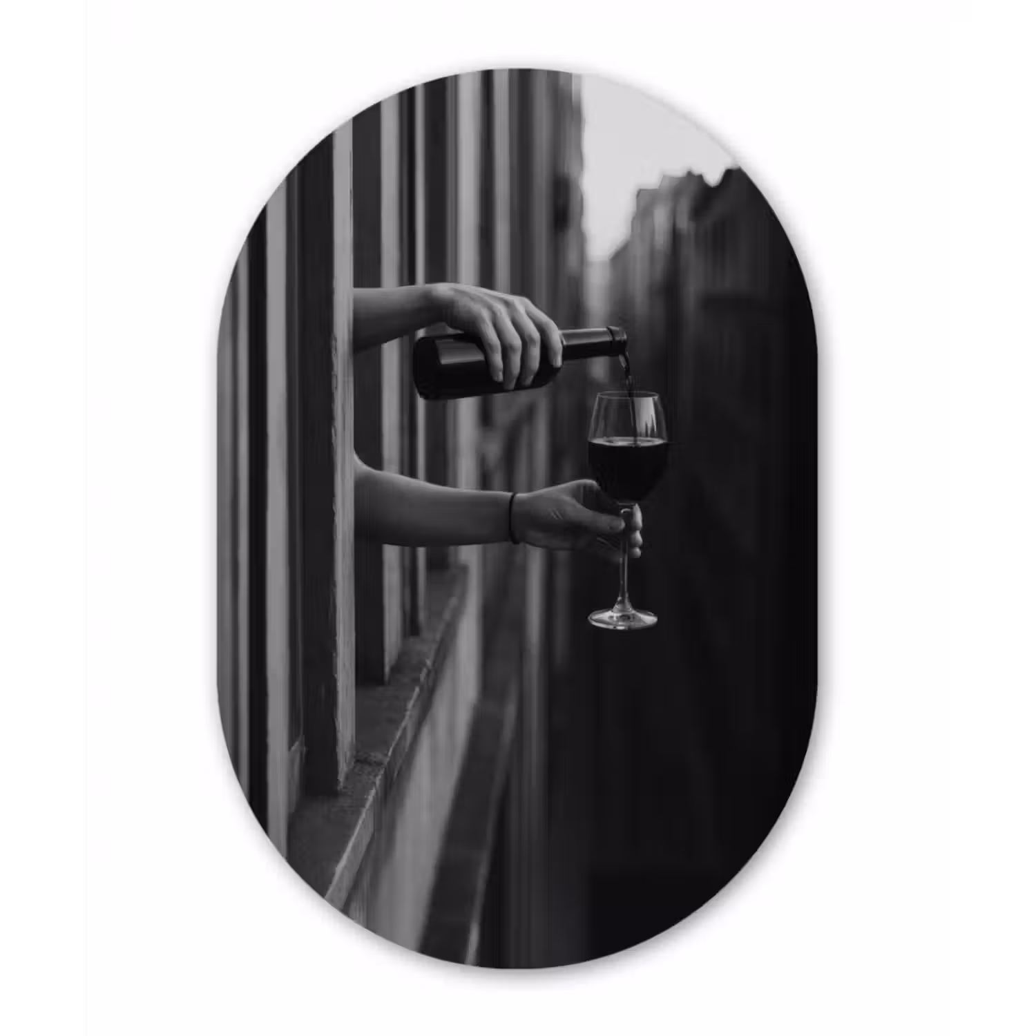 Glasbild Oval - Weinflasche - Glas - Hände - Fenster