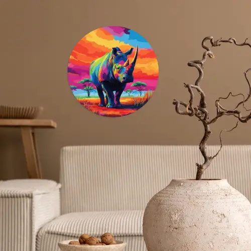 Neushoorn - Zonsondergang - Savanna - Kleurrijk Wandcirkel behangsticker klein -sfeer1