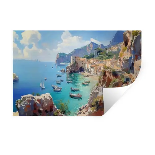 Kustdorp - Schilderij - Rotsen - Boten Muursticker klein -3d