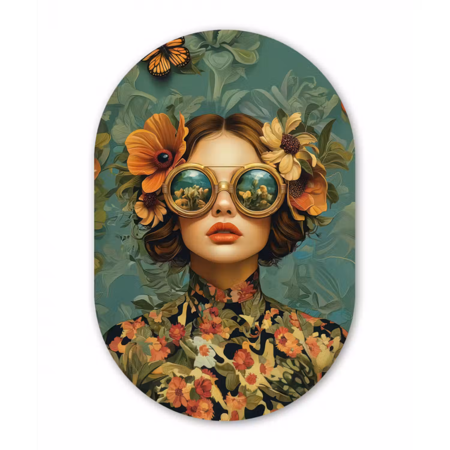 Alu-Dibond-Bild Oval - Frau - Blumen - Schmetterlinge - Natur - Vintage