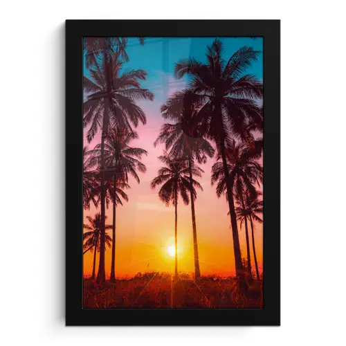 Palmboom - Zonsondergang - Horizon - Strand - Oranje - Roze fotolijst zwart zonder passe partout klein -3d