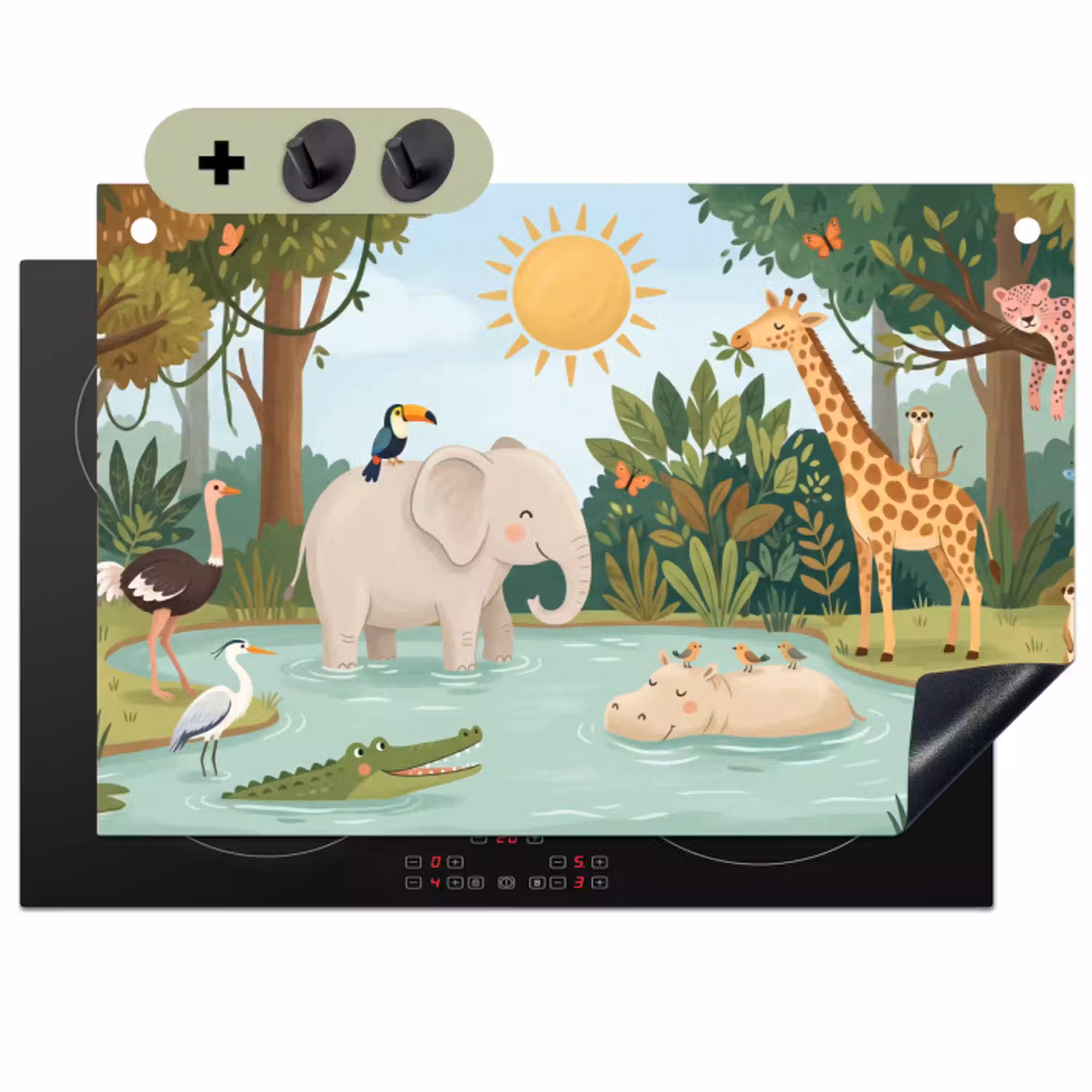 Jungle - Oase - Dieren - Kleurrijk Inductie beschemer met haakjes klein -3d