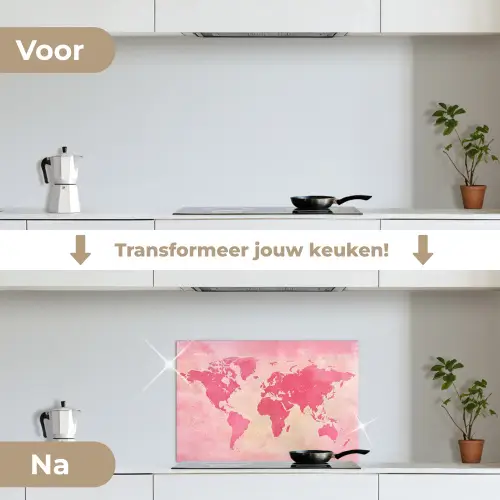 Wereldkaart - Roze - Vaag keuken achterwand spatscherm klein -voor_na_NL