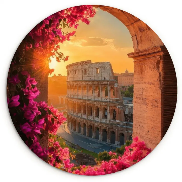 Colosseum - Rome - Roze Bloemen Wandcirkel kunststof plaat 5mm dik klein -3d