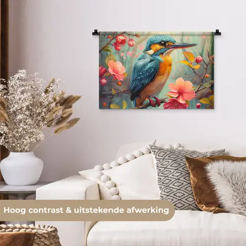 IJsvogel - Bloesem - Natuur - Vogels - Bloemen Wandkleed katoen klein -sfeer1