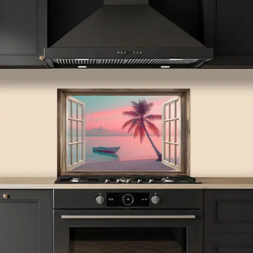 Doorkijk - Strand - Palmboom - Tropisch keuken achterwand spatscherm klein -sfeer1