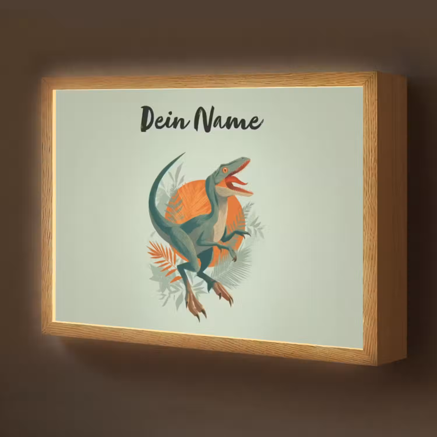 Lightbox - Wandlampe Kinderzimmer mit Namen - Dino - Blätter - Grafik - Grün