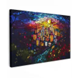 Stad - Maan - Mozaïek - Kleurrijk Tuinposter op houten frame 2 cm dik klein -3d