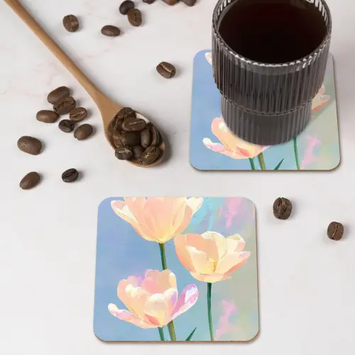 Tulpen - Roze accenten - Blauw onderzetter kurk middel -sfeer2