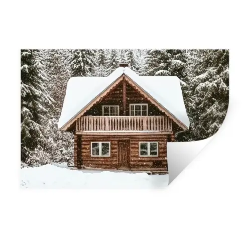 Huis - Bos - Winter - Natuur - Sneeuw Muursticker klein -3d