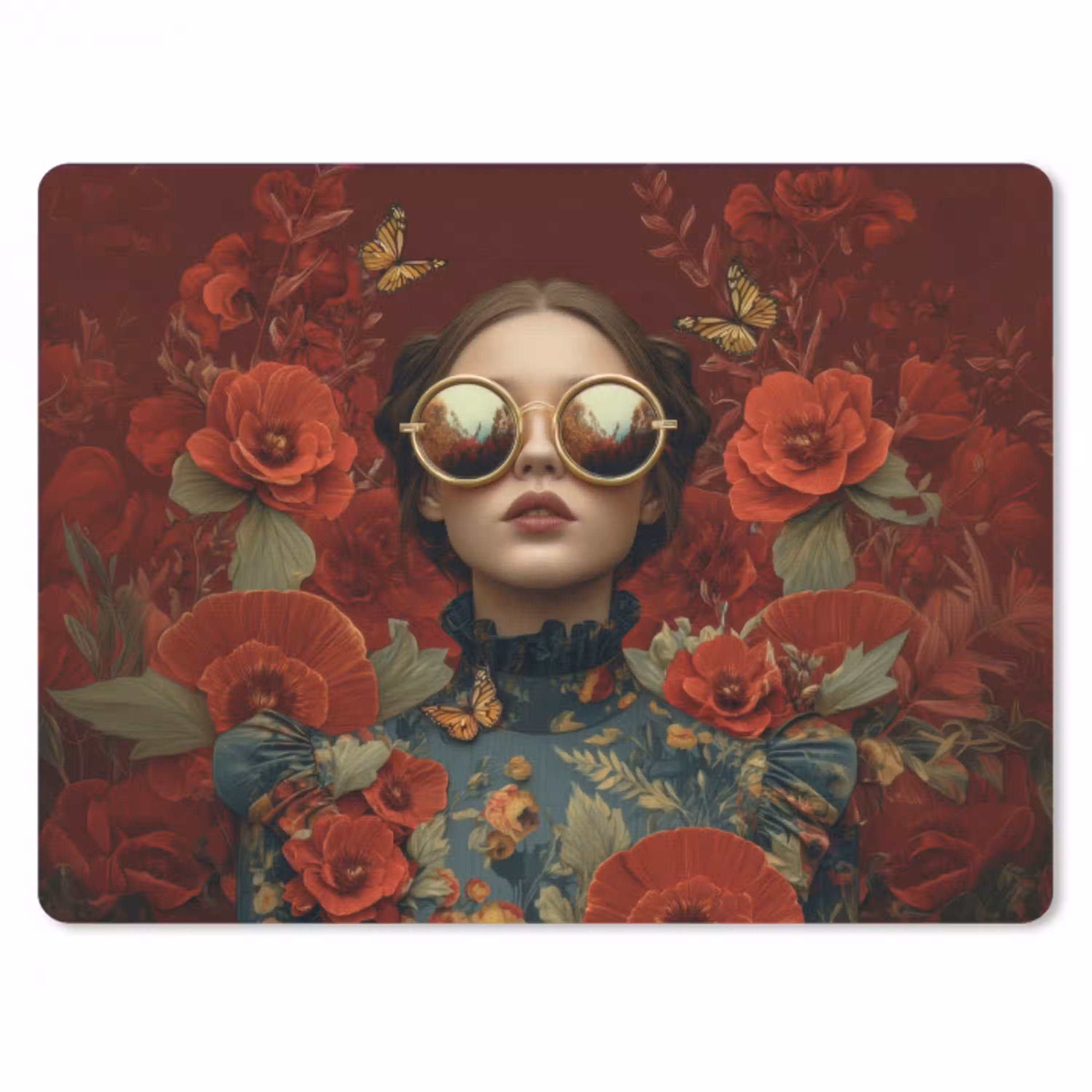 Bloemen - Dieprood - Zonnebril - Vrouw muismat rubber klein -3d