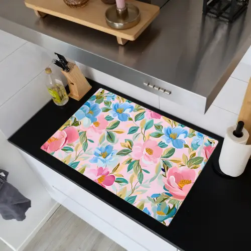 Blauw - Roze - Bloemen Inductie beschemer met haakjes klein -sfeer1