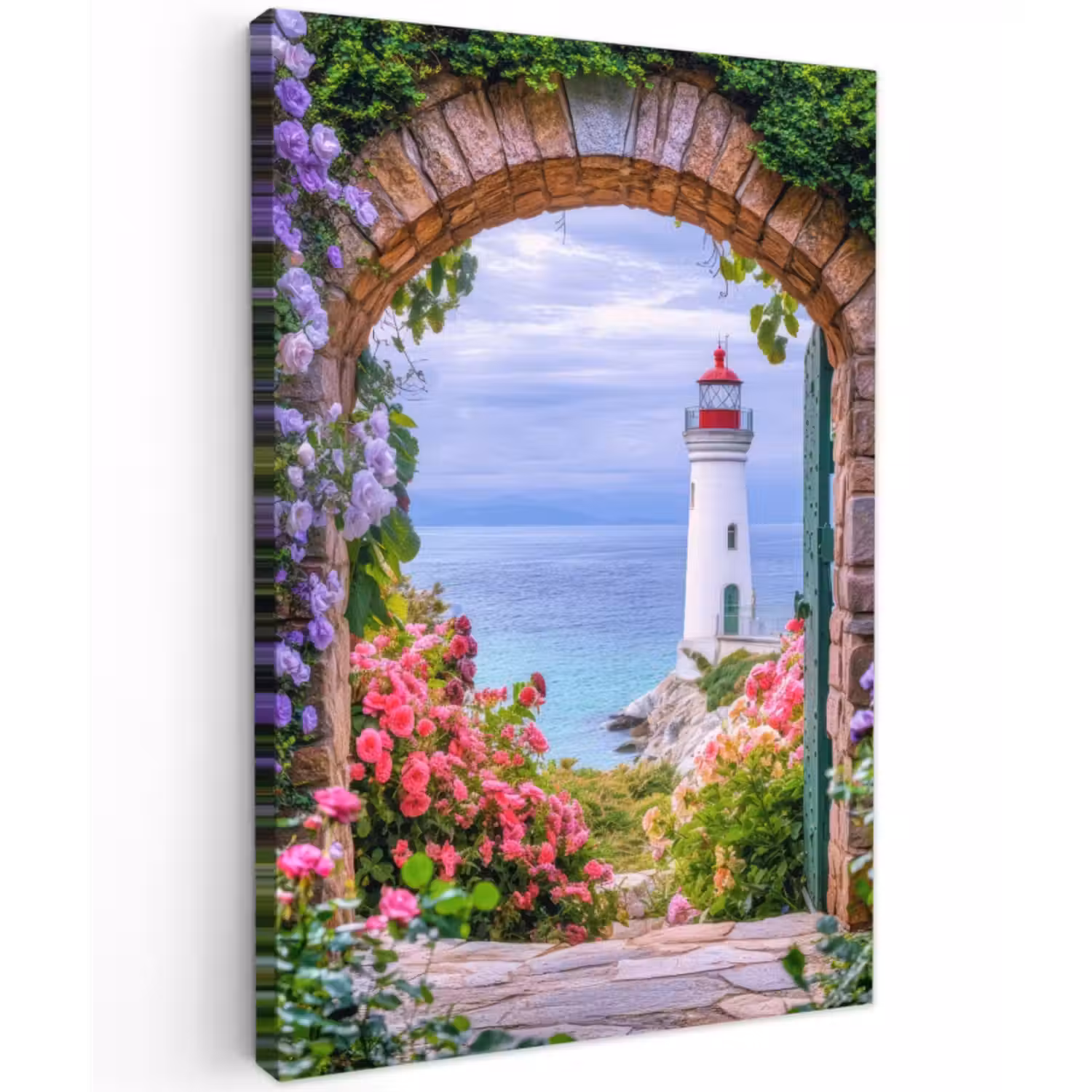 Outdoor Leinwand - Durchblick - Leuchtturm - Blumen - Aussicht