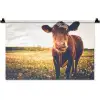 Koe - Zonsondergang - Bloemen - Gras - Dieren Wandkleed katoen klein -zz3d