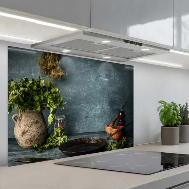 Fond de hotte - Herbes - Épices - Poêle - Couteau - Gris - Rustique