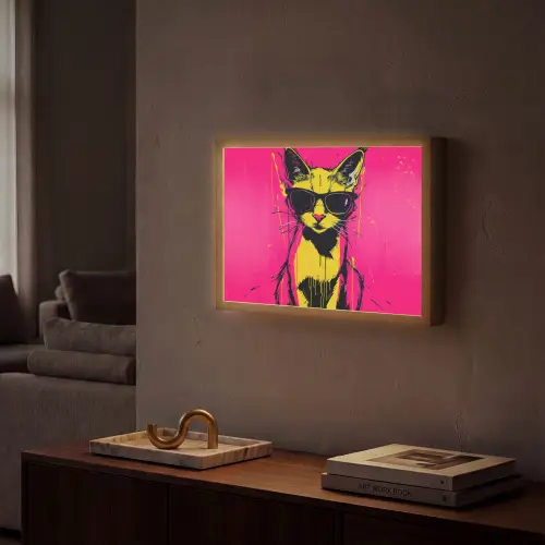 Kat - Art - Zonnebril - Roze Light Box met batterij (Wandlamp) middel -sfeer1