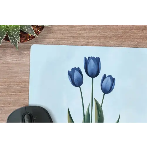 Tulpen - Blauw - Bladeren muismat rubber klein -closeup