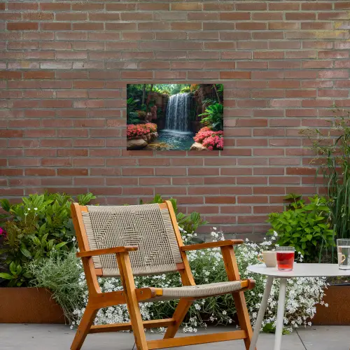 Waterval in Bloeiende Tropische Tuin Tuinposter op houten frame 2 cm dik klein -sfeer3