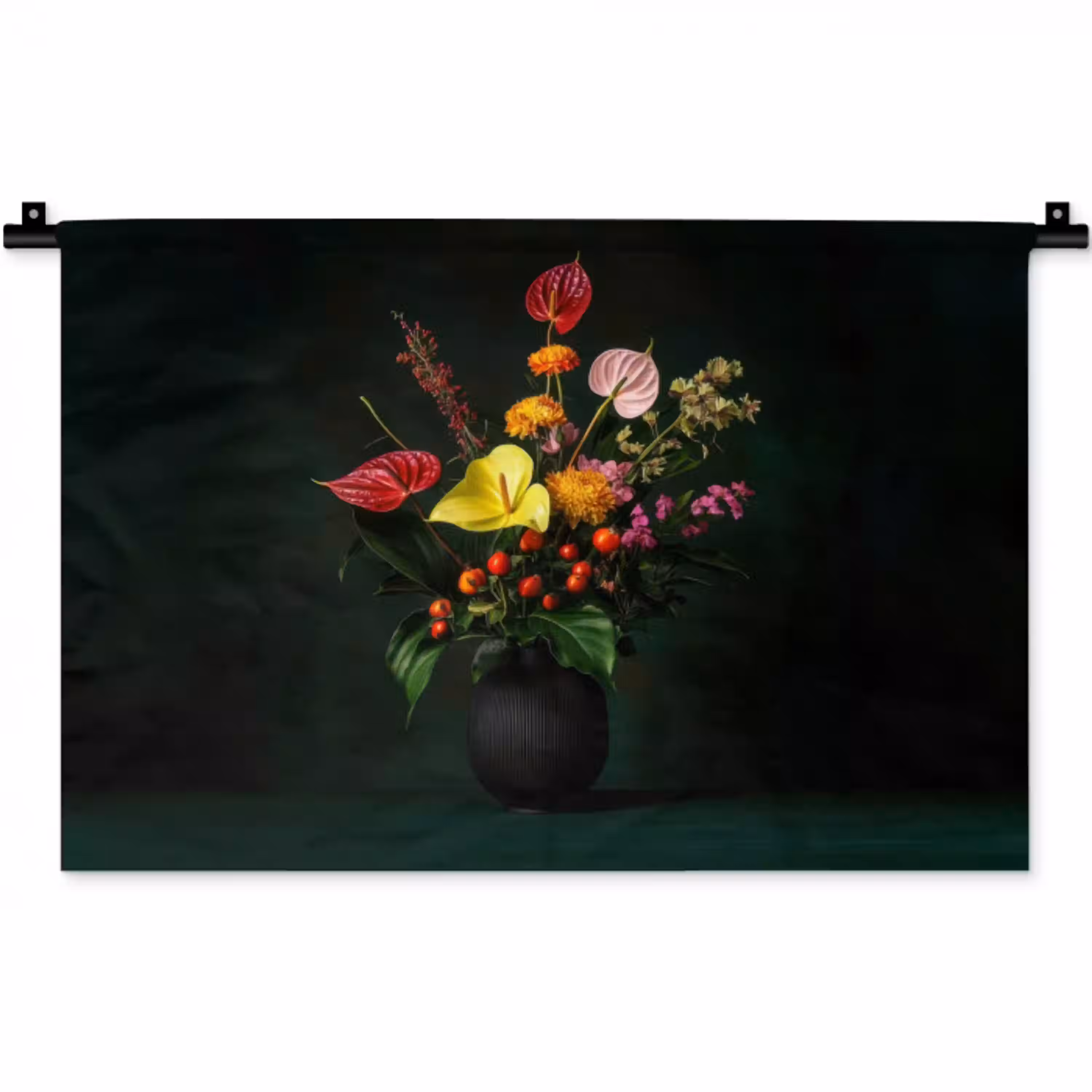 Bloemen - Vaas - Zwart Wandkleed katoen klein -zz3d