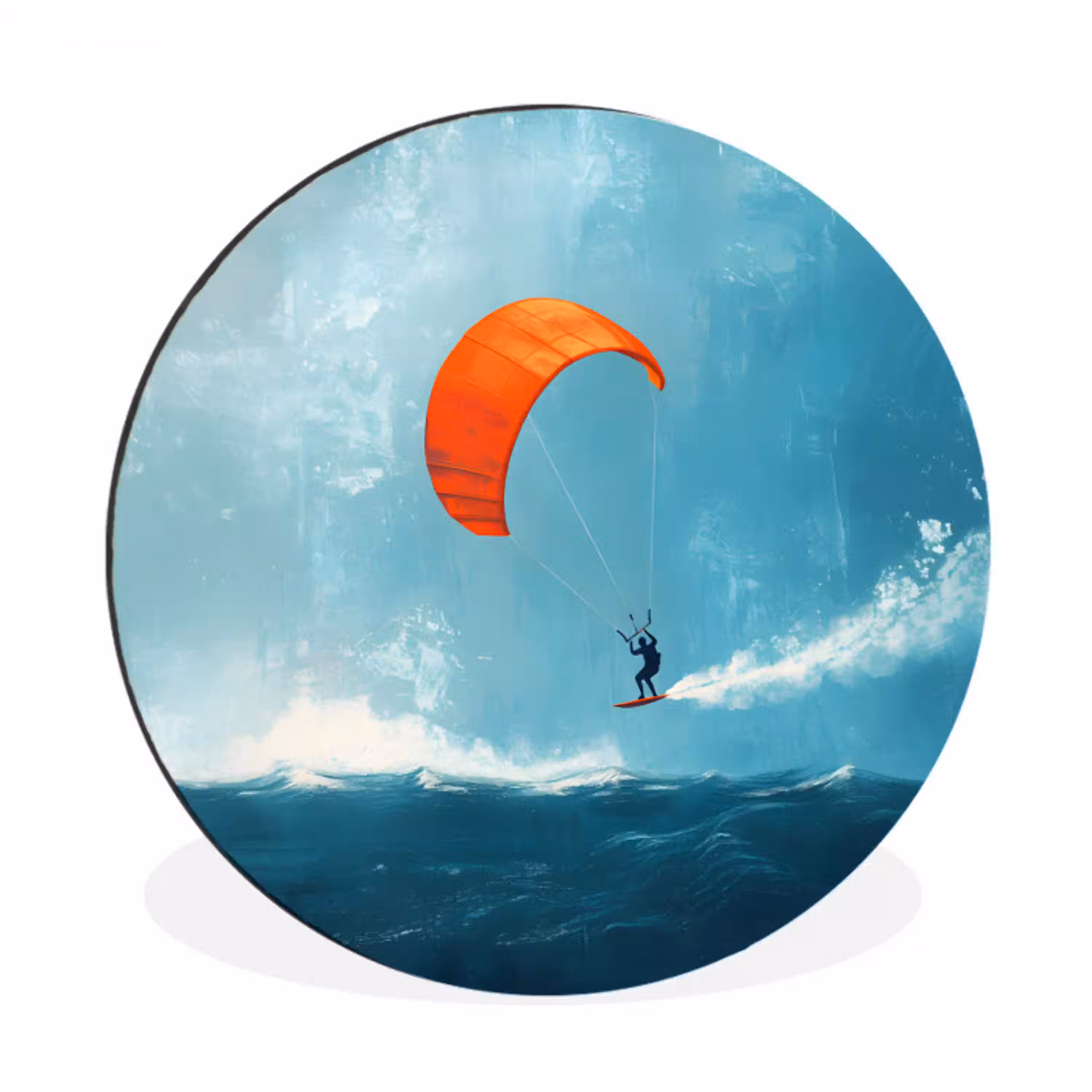Kitesurfer - Oranje - Zee - Lucht Wandcirkel aluminium klein -3d