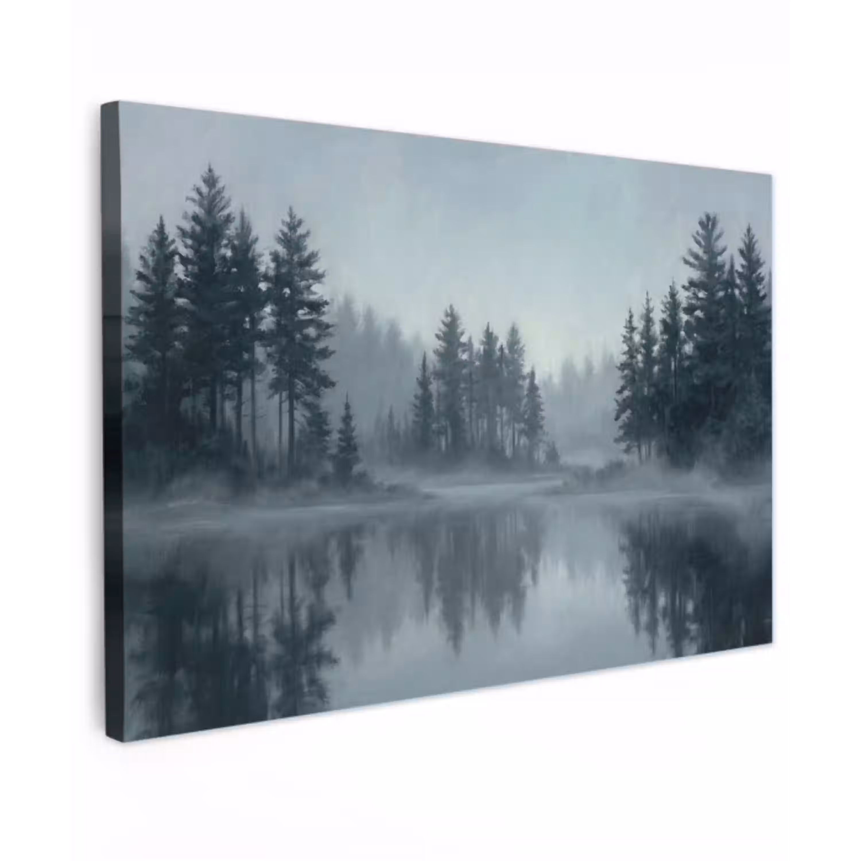 Bos - Meer - Mist - Natuur - Grijs Tuinposter op houten frame 2 cm dik klein -3d