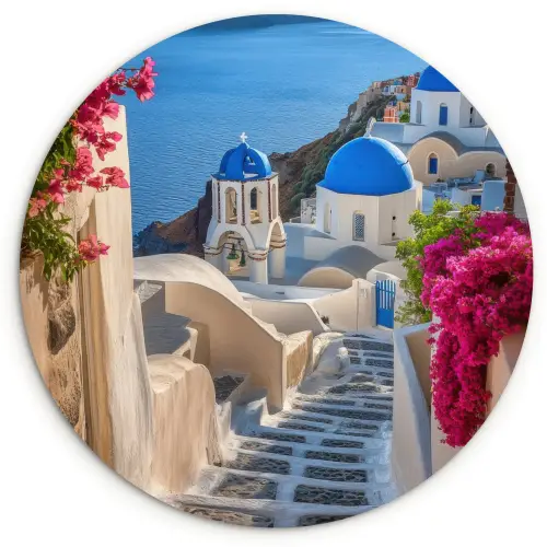 Santorini - Bloemen - Griekenland Wandcirkel plexiglas klein -3d