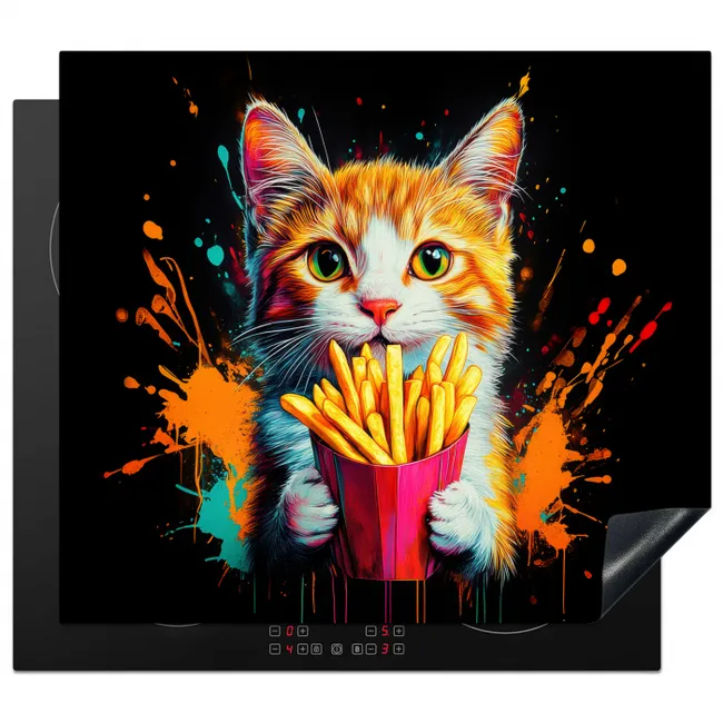 Kat - Eten - Patat - Graffiti - Abstract Inductie beschermer vinyl 3mm middel -3d