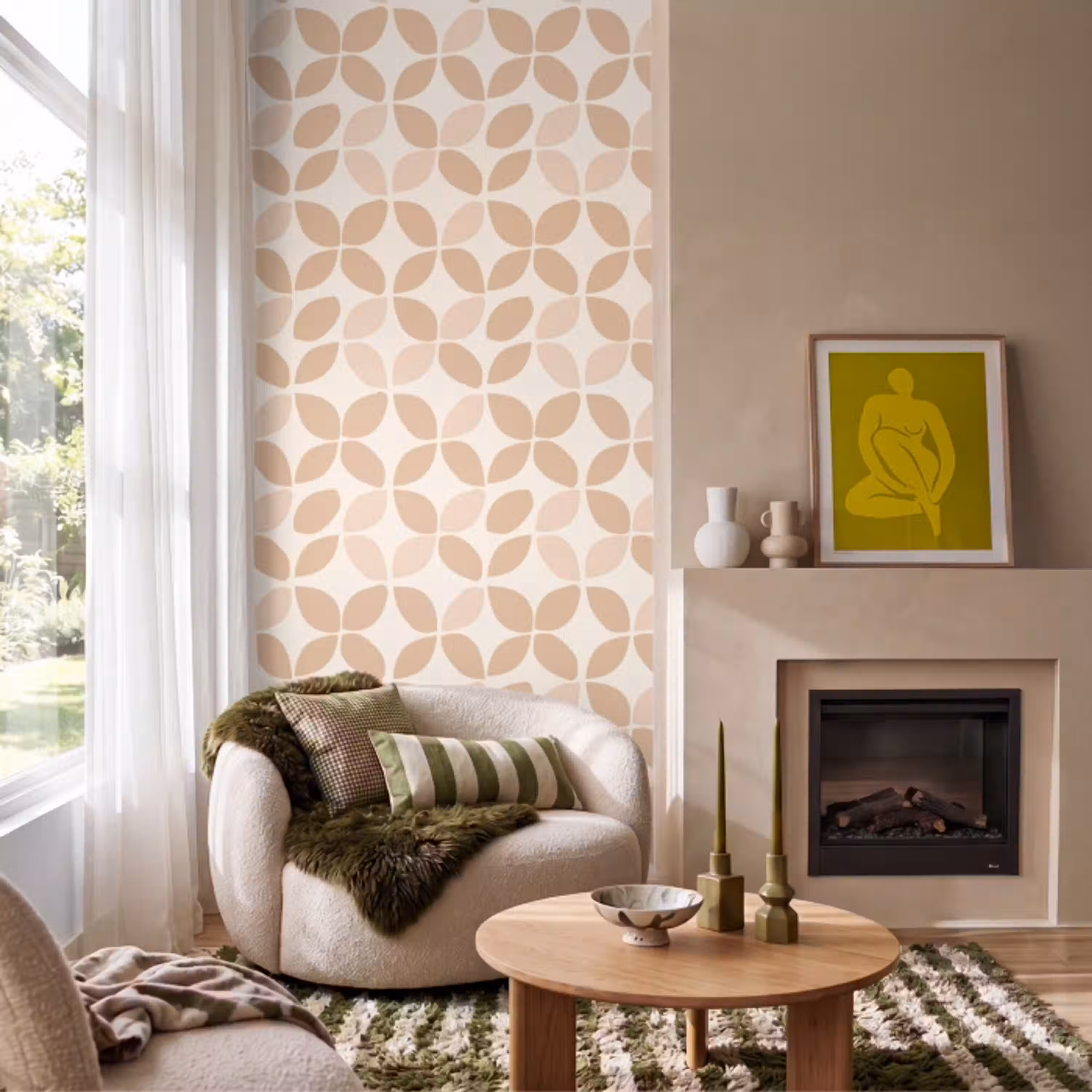 Beige - Bladeren - Minimalistisch - Patroon Behang Vlies klein 1076 -sfeer2