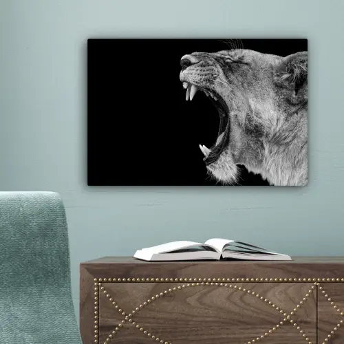 Dieren - Leeuw - Zwart - Wit - Portret canvas 2cm klein -sfeer4
