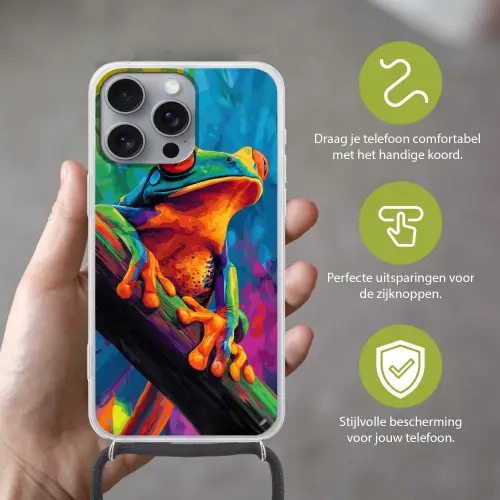 Kikker - Felgekleurd - Tak - Regenboog Hoesje iPhone 16 Pro Max met koord klein -sfeer2_NL