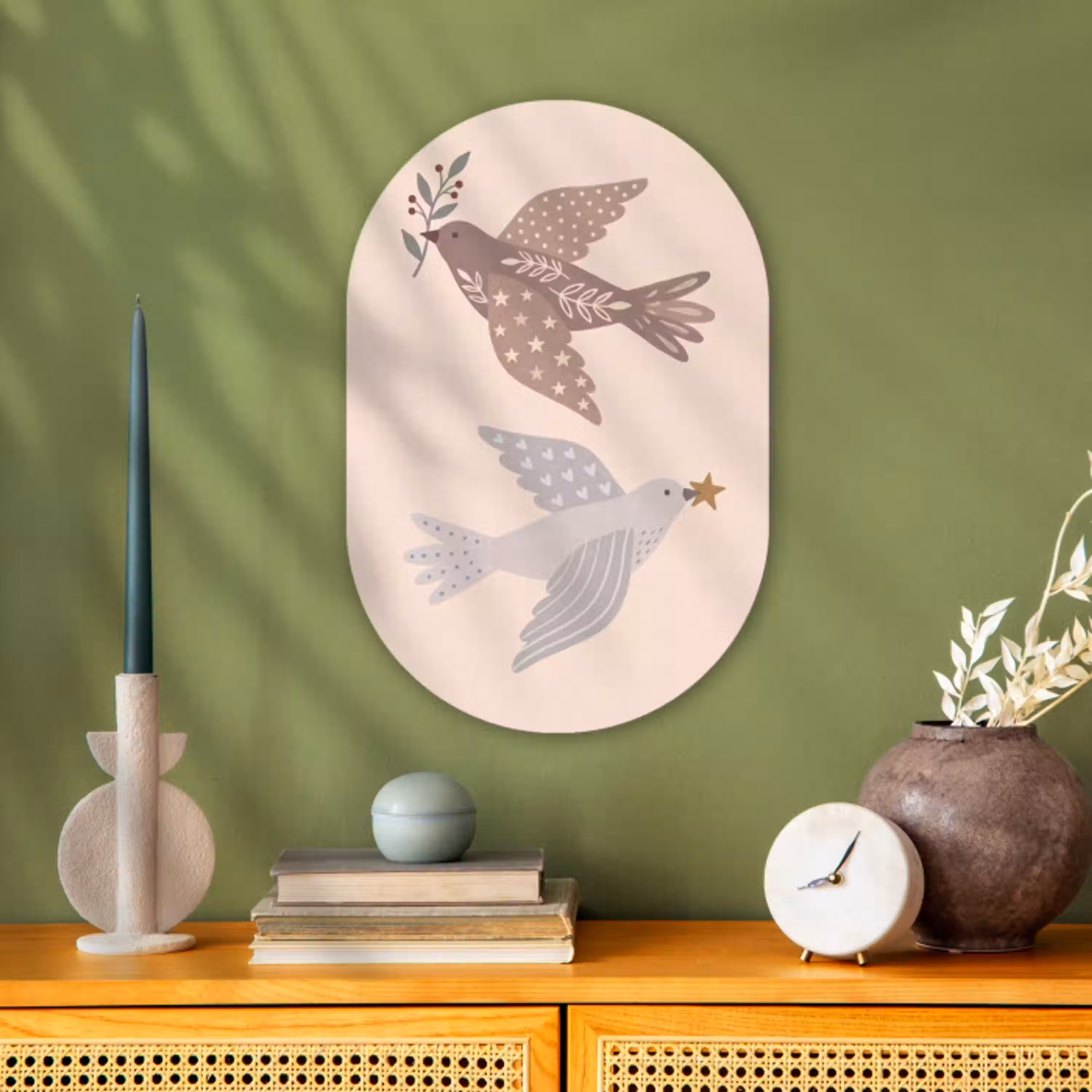 Vogel - Bessen - Natuur - Modern - Beige Wandcirkel Ovaal Forex klein -sfeer2